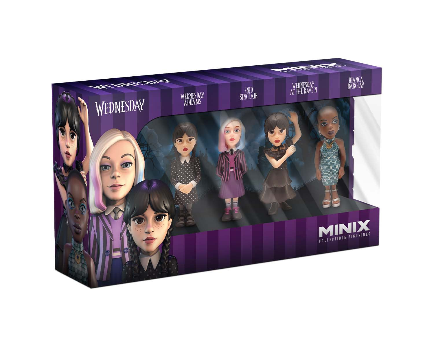 Minix - TV Series - Pack de 4 Wednesday ( Mercredi, Mercredi en robe de bal, Enid, Bianca) - Figurines PVC 7 cm
