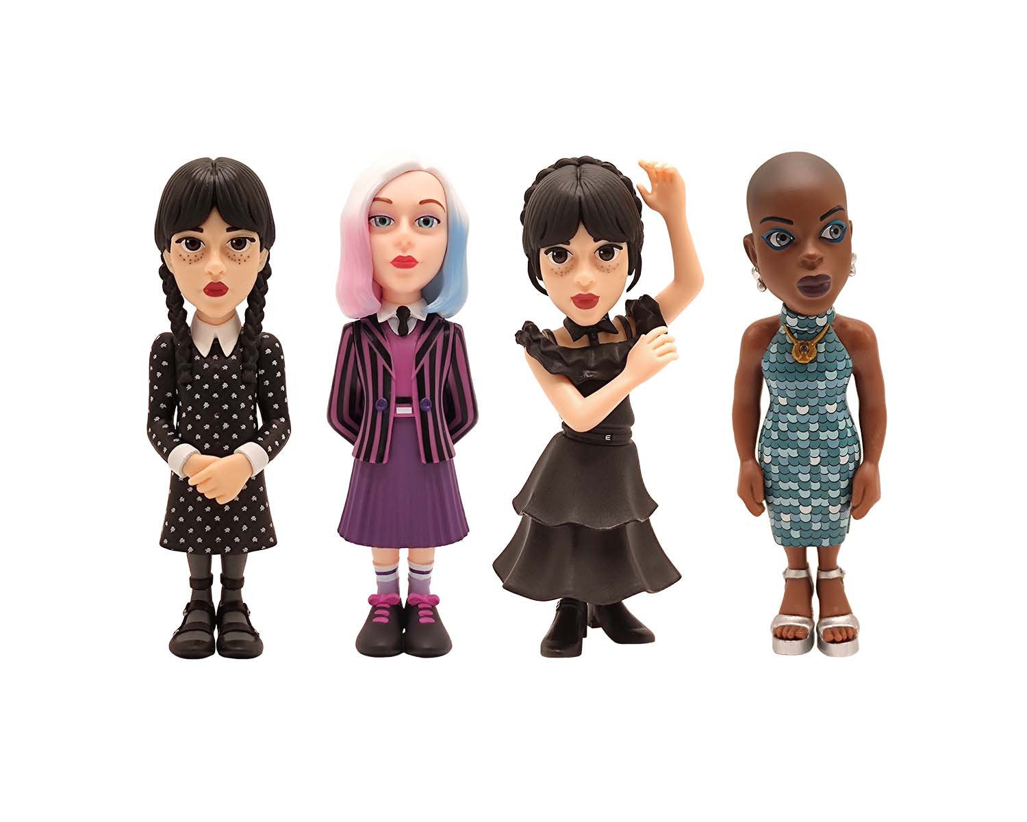 Minix - TV Series - Pack de 4 Wednesday ( Mercredi, Mercredi en robe de bal, Enid, Bianca) - Figurines PVC 7 cm