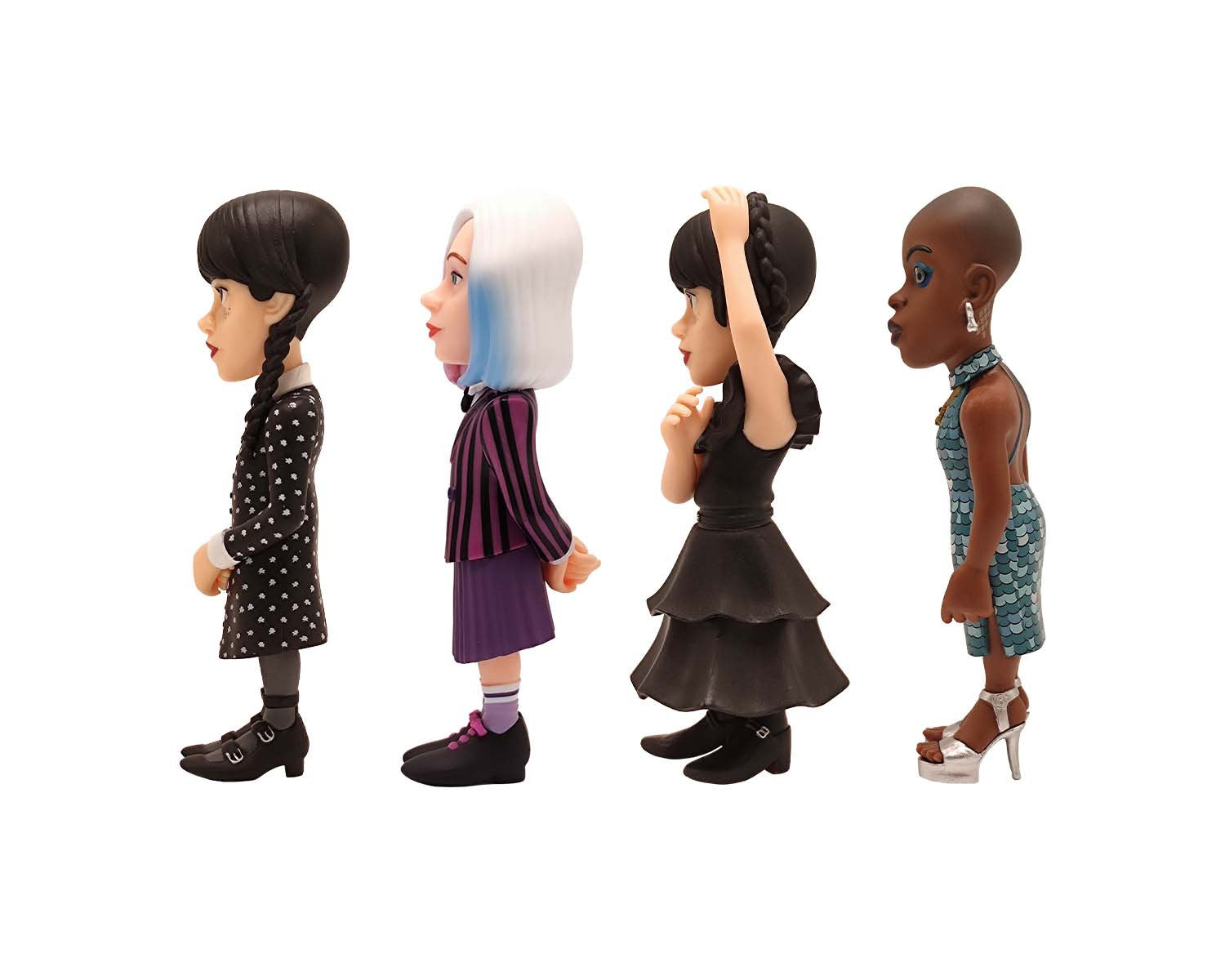 Minix - TV Series - Pack de 4 Wednesday ( Mercredi, Mercredi en robe de bal, Enid, Bianca) - Figurines PVC 7 cm