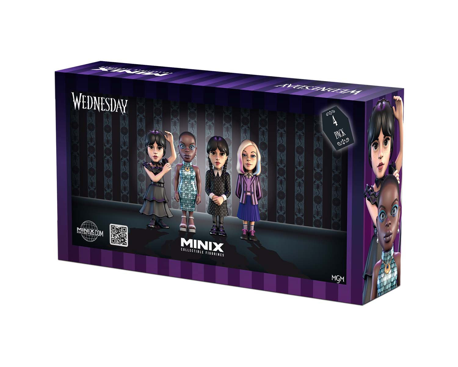 Minix - TV Series - Pack de 4 Wednesday ( Mercredi, Mercredi en robe de bal, Enid, Bianca) - Figurines PVC 7 cm