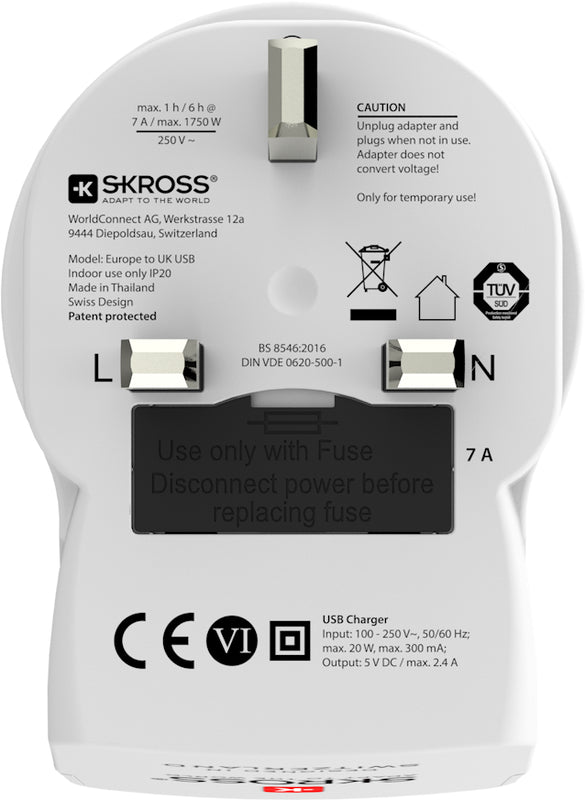 Skross Europe to UK Travel Adapter and USB Charger (x2)