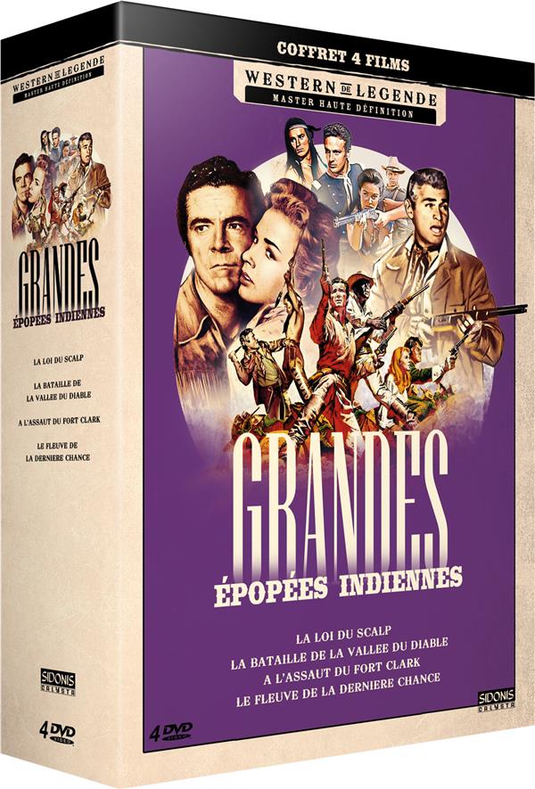 Grandes épopées indiennes - Coffret 4 films : La Loi du scalp + La Bataille de la Vallée du Diable + À l'assaut du Fort Clark + Le Fleuve de la dernière chance [DVD] - flash vidéo