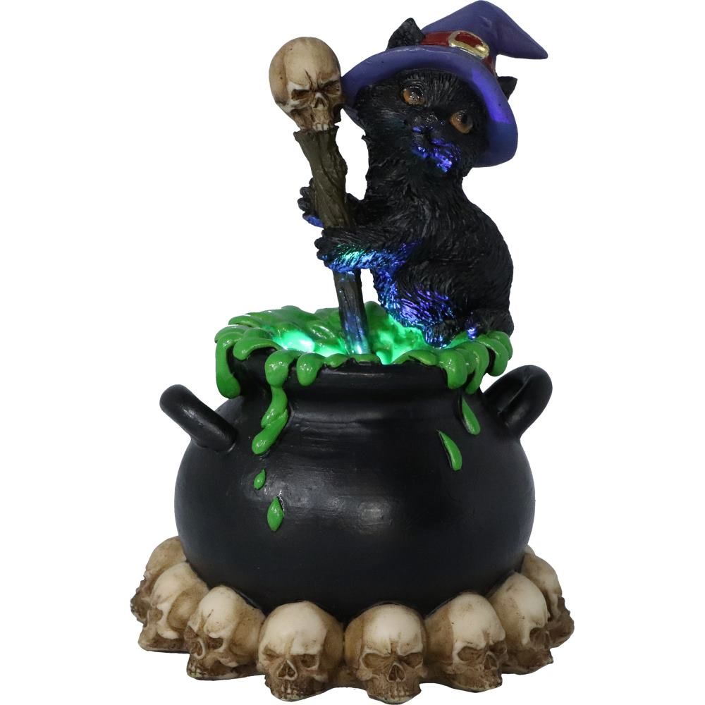 Spook - Figurine de chat noir familier de sorcières et chaudron bouillonnant 12cm