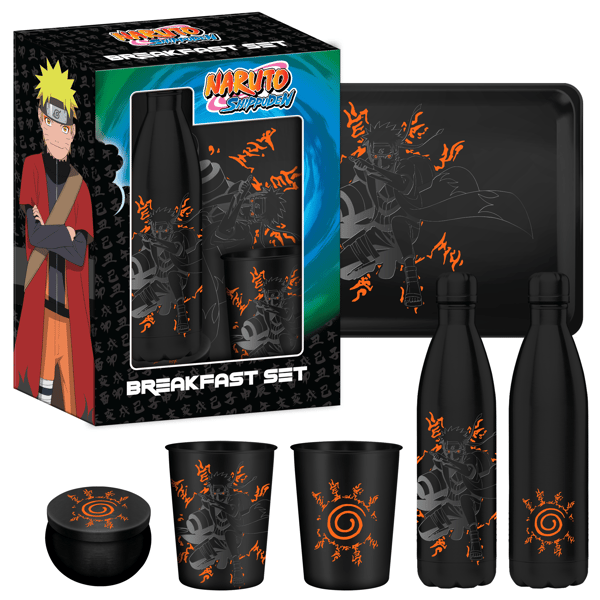 Naruto Shippûden - Coffret cadeau (Sceau Kyubi) : bouteille d'eau en métal isotherme 500ml, verre et dessous de verre - flash vidéo