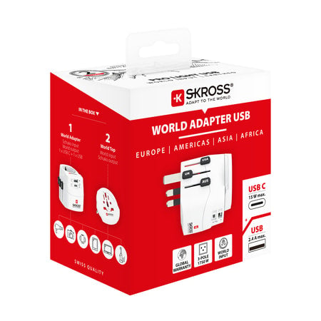 Skross - World Travel Adapter with Ground Plugs (no Swiss & Italy) + 1 USB + 1 Type C Slot + World Top Input