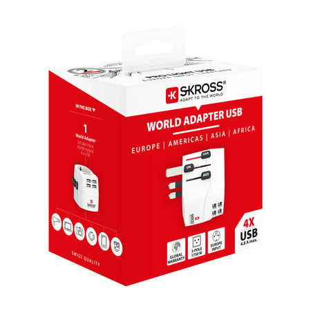 Skross - World Travel Adapter with Ground Plugs (no Swiss & Italy) + 4 USB SLOT 2400 mA White