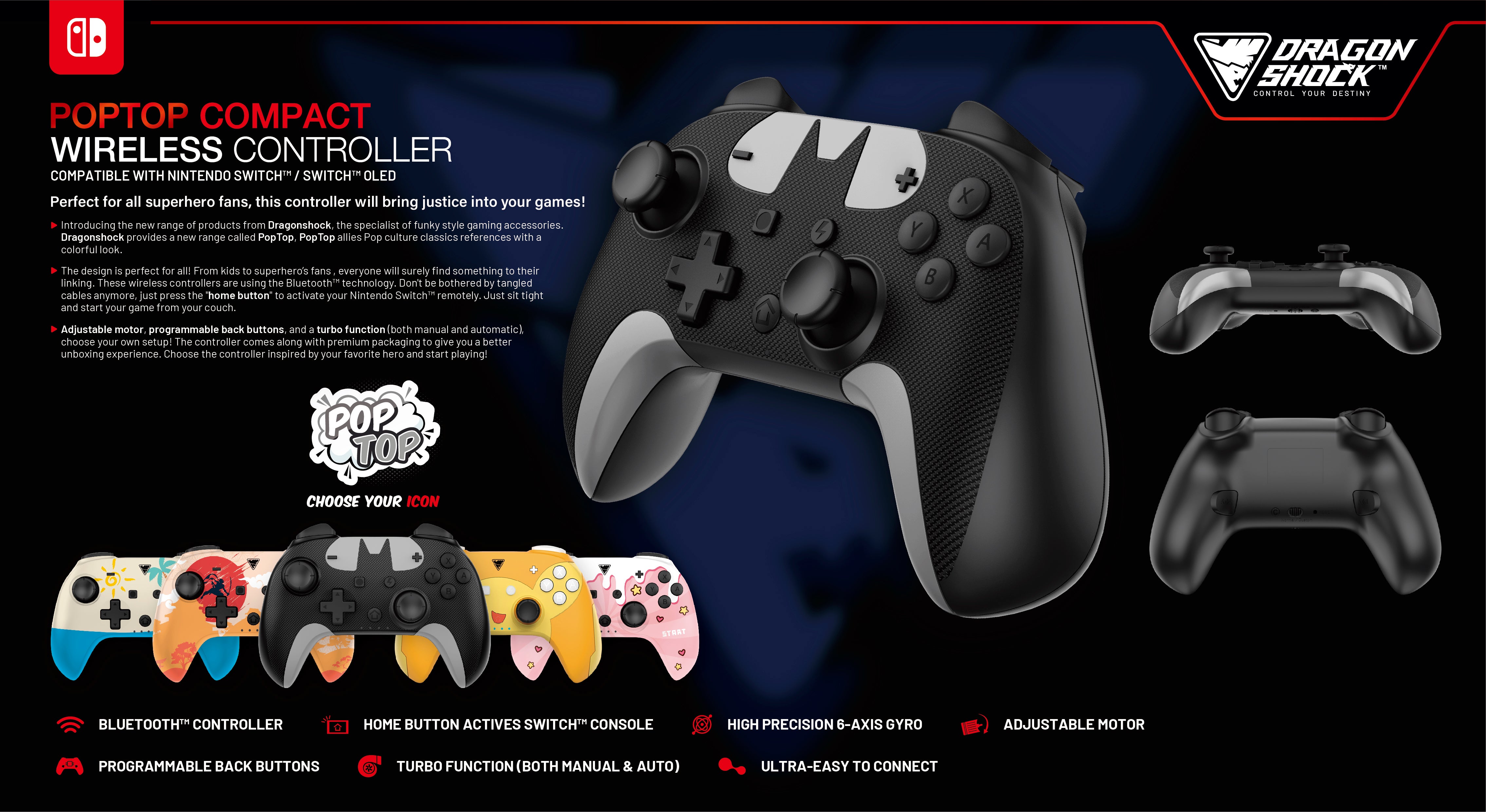 DragonShock - Manette compacte sans fil Bluetooth PopTop Pika pour Nintendo Switch et Switch OLED - flash vidéo