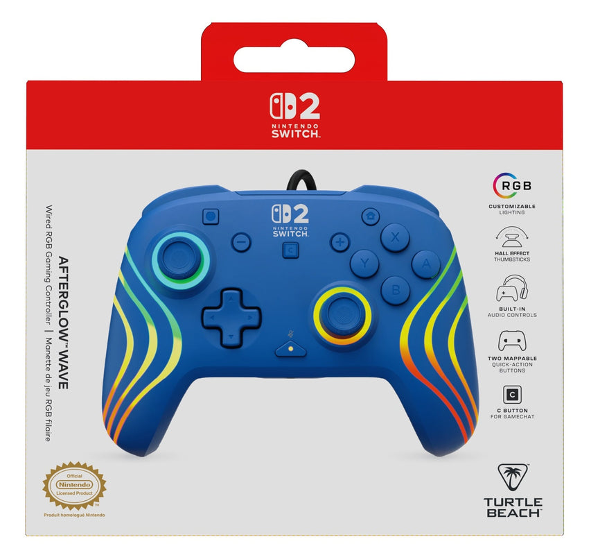 Turtle Beach - Manette de jeu RGB filaire Afterglow Wave bleue pour Nintendo Switch 2, Switch et Switch modèle OLED