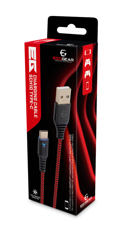 EgoGear - Câble de recharge tressé USB-C de 3m SCH10 Rouge et Noir pour Switch, Switch Lite, Switch OLED, PS5 et Xbox Series X|S
