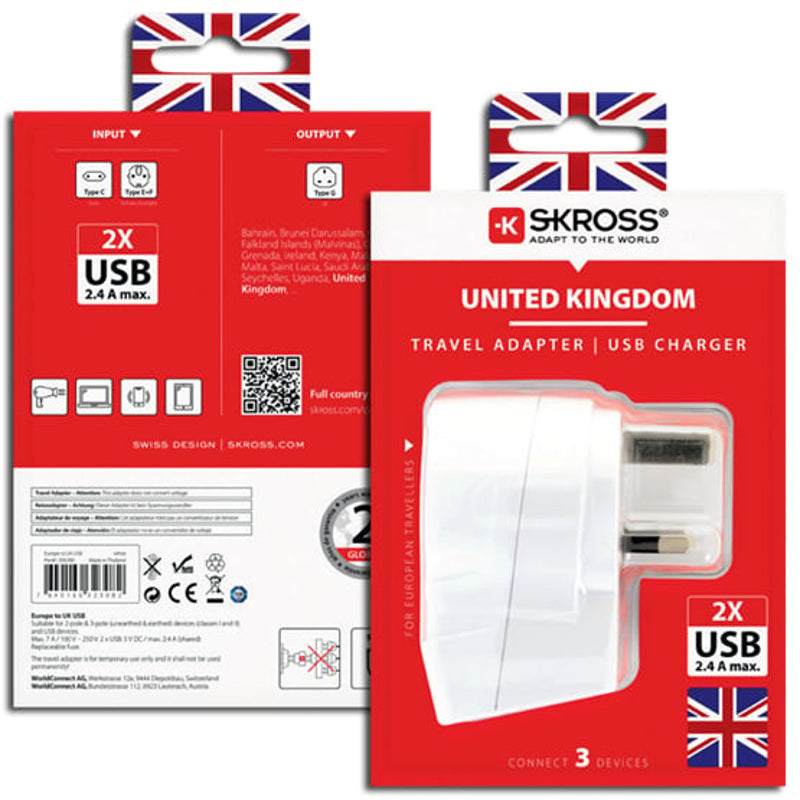 Skross - Adaptateur de voyage Europe vers UK + USB A (x2) (2025)