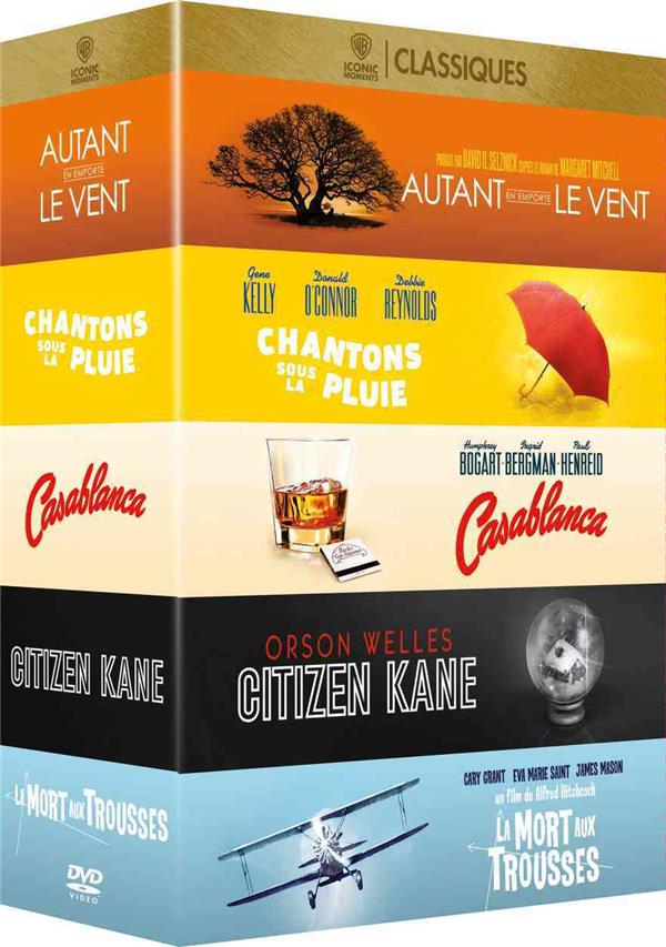 Collection de 5 films classiques Warner : Autant en emporte le vent + Chantons sous la pluie + Casablanca + Citizen Kane + La Mort aux trousses [DVD] - flash vidéo
