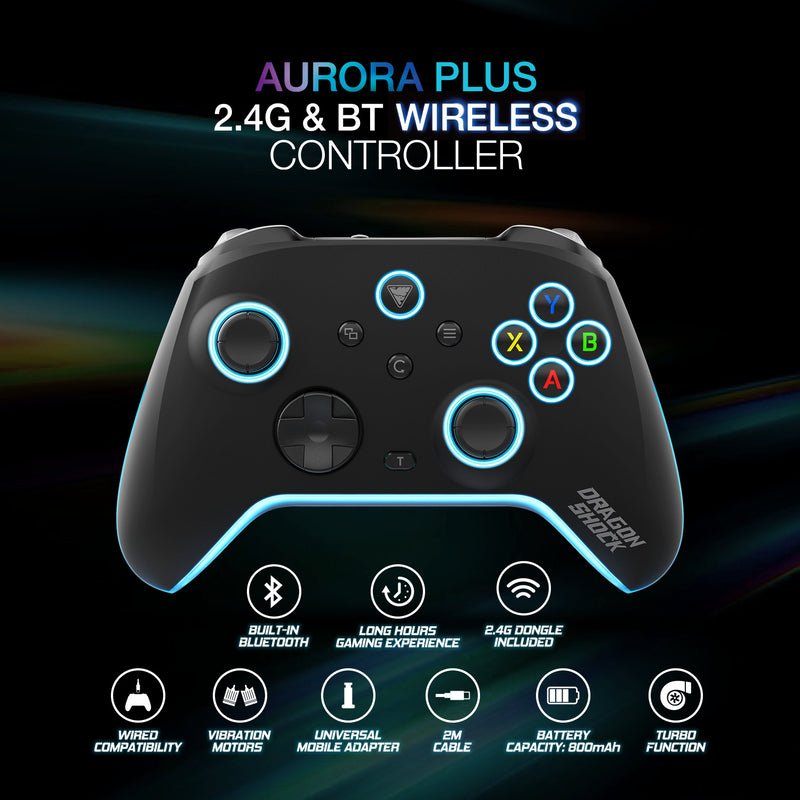 DragonShock - AURORA PLUS - Manette sans fil noire avec support téléphone pour PS3, PC, Android et IOS