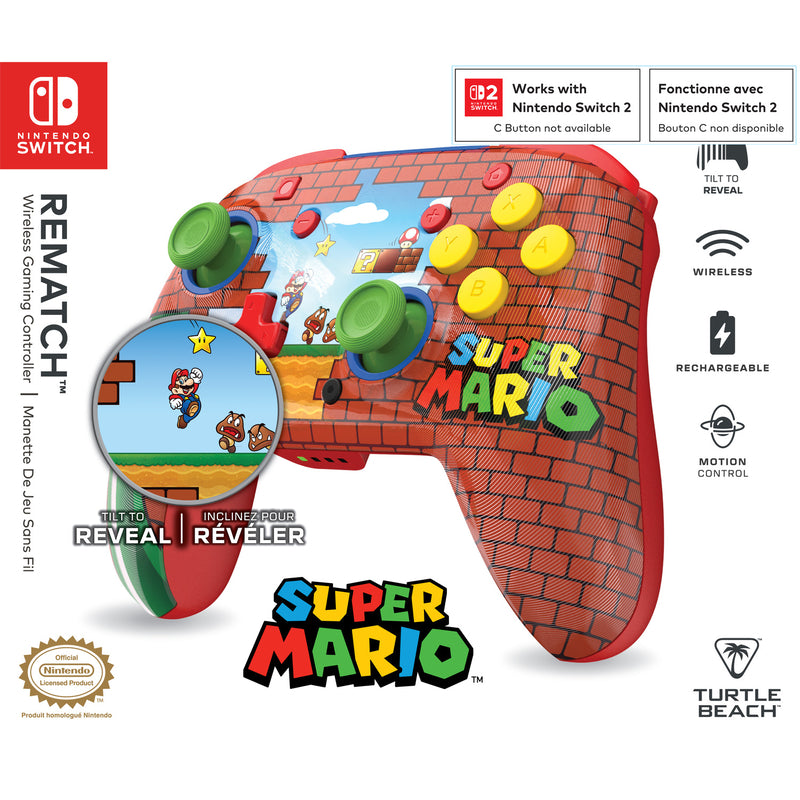Turtle Beach - Manette sans fil Rematch Mario Bricks Reveal pour Nintendo Switch, Switch Lite, Switch – Modèle OLED et Switch 2 (Bouton C indisponible)