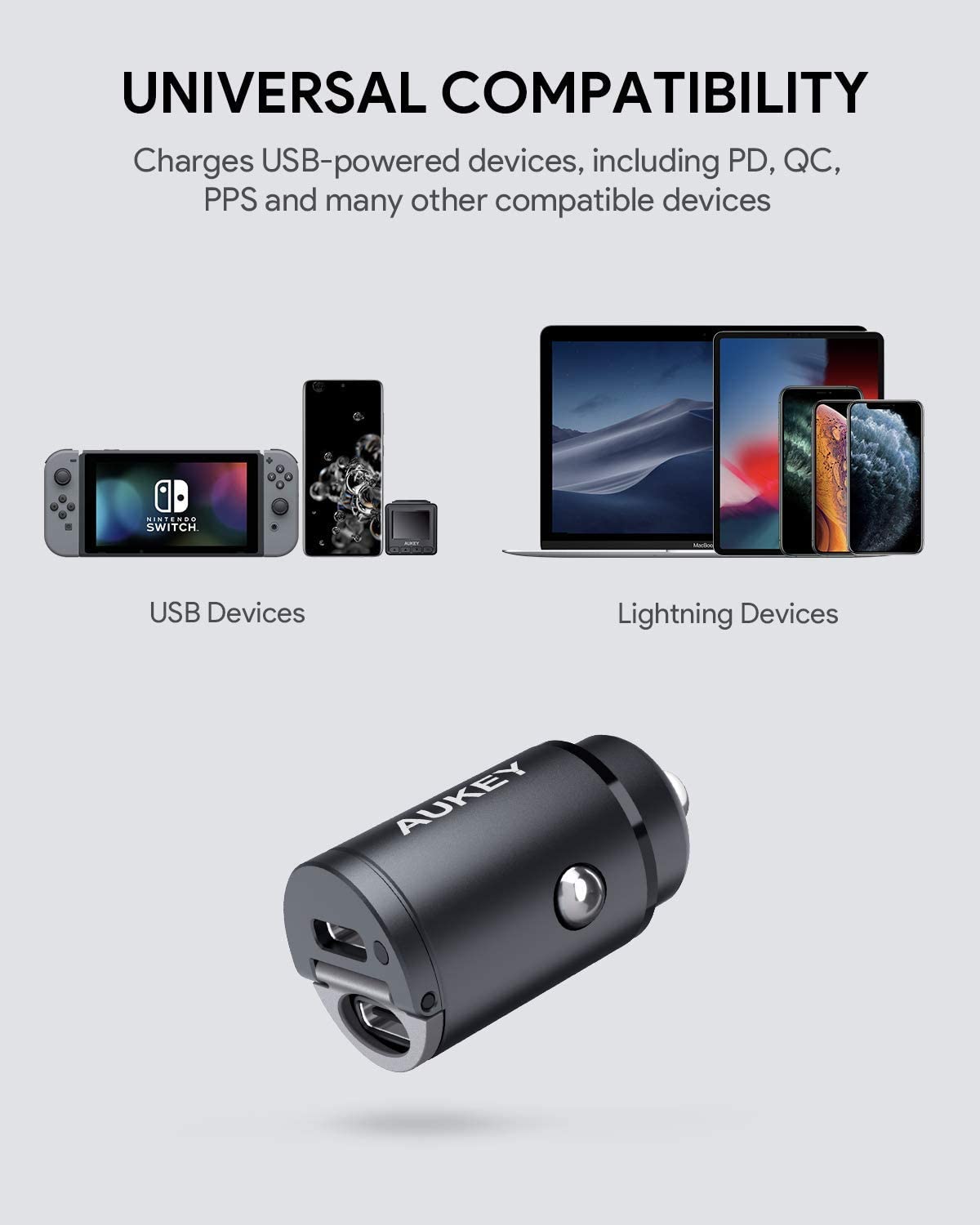 Aukey - Chargeur de voiture USB-C 30W à 2 ports Nano Series - flash vidéo