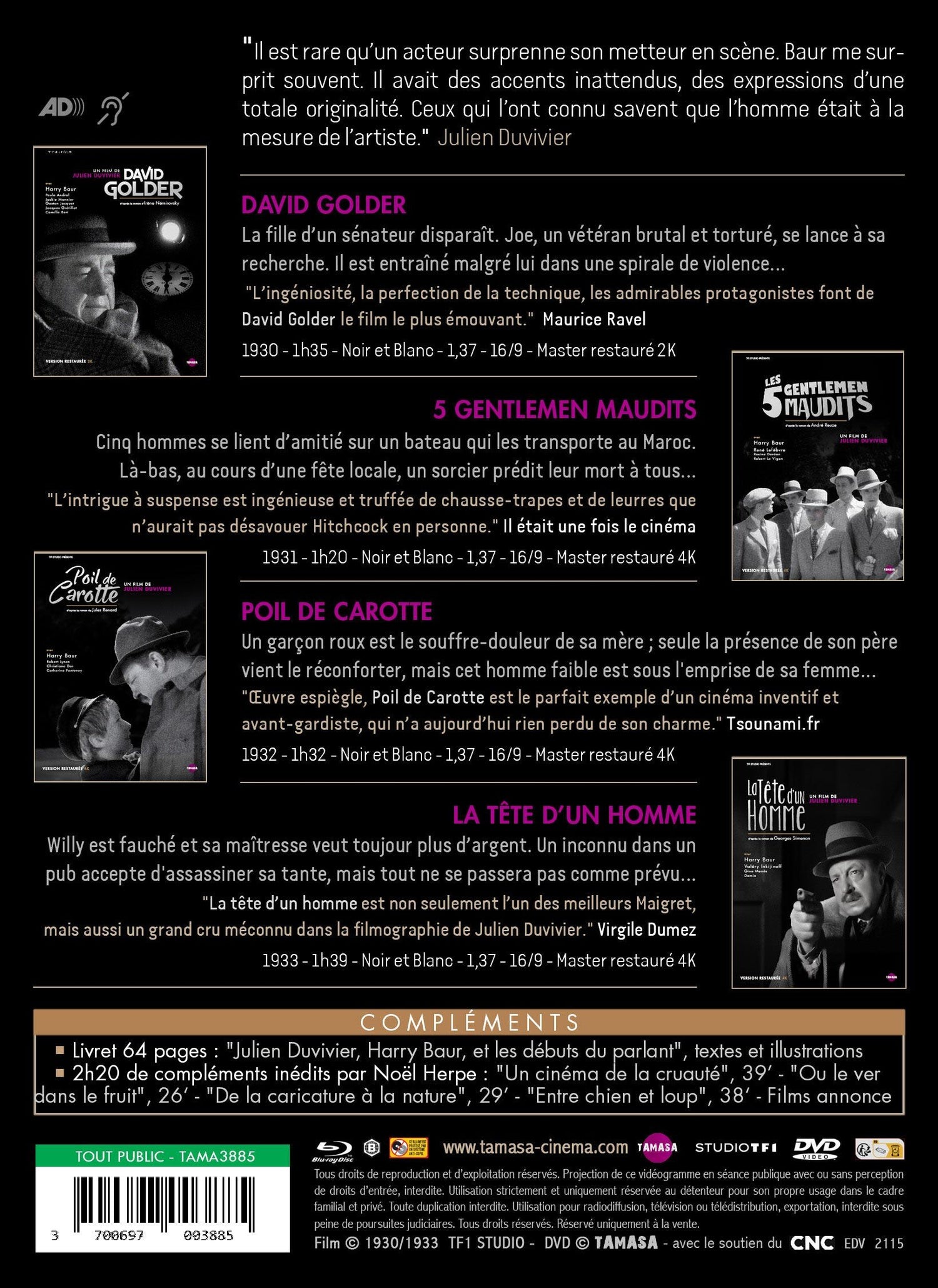 Julien Duvivier & Harry Baur - 4 films : David Golder + Les 5 gentlemen maudits + Poil de carotte + La Tête d'un homme [Blu-ray]