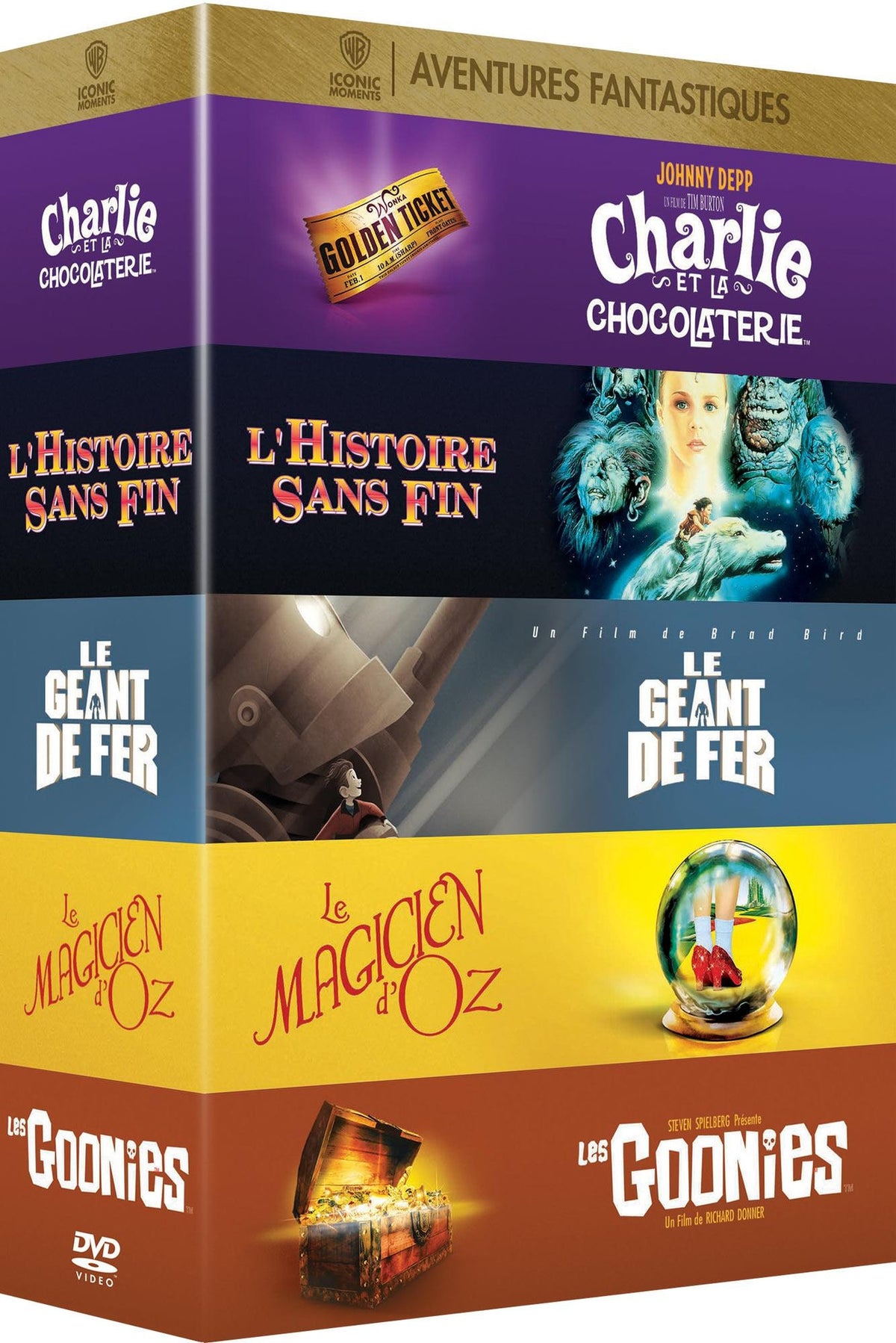 Collection de 5 films aventures fantastiques Warner : Le Géant de fer + L'Histoire sans fin + Les Goonies + Charlie et la chocolaterie + Le Magicien d'Oz [DVD]
