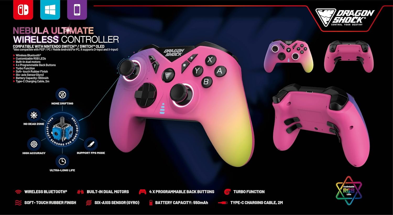 DragonShock - NEBULA PRO - Manette sans fil Pro Rouge Dragon pour Switch, Switch Lite, Switch OLED, PS3, PC et Android