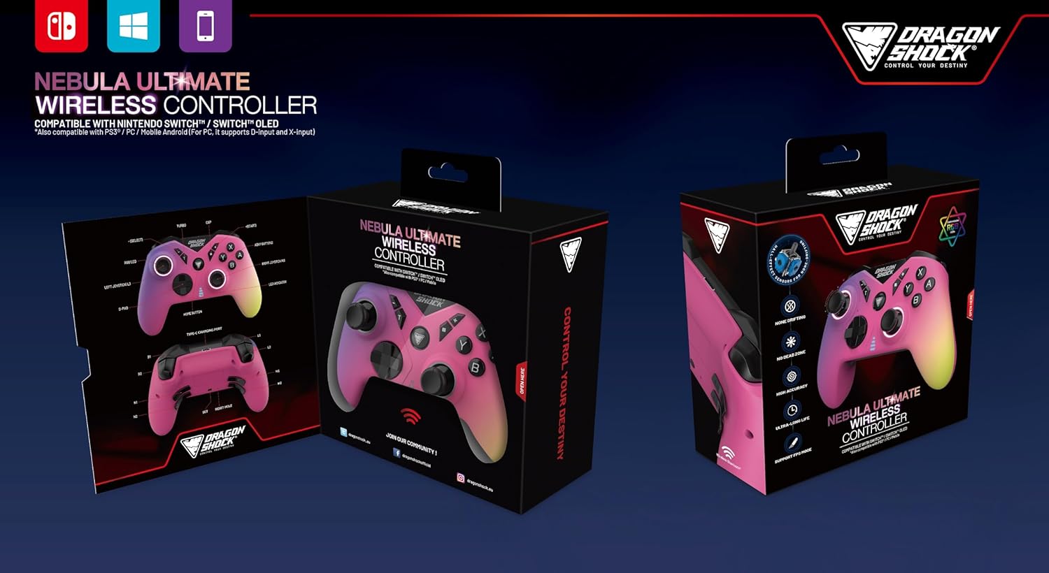 DragonShock - NEBULA PRO - Manette sans fil Pro Rouge Dragon pour Switch, Switch Lite, Switch OLED, PS3, PC et Android