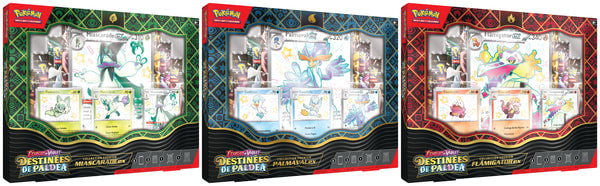 Pokémon JCC - Écarlate et Violet - Collection Premium Destinées de Paldea (Miascarade-ex / Flâmigator-ex / Palmaval-ex - 1x Boite aléatoire)