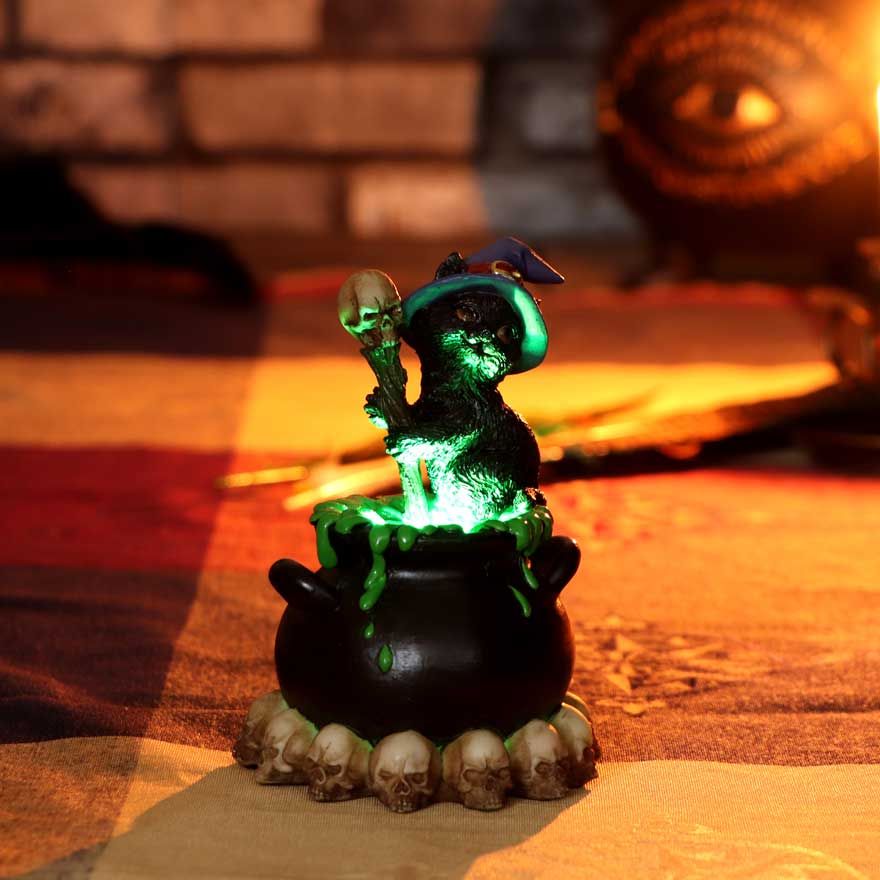 Spook - Figurine de chat noir familier de sorcières et chaudron bouillonnant 12cm