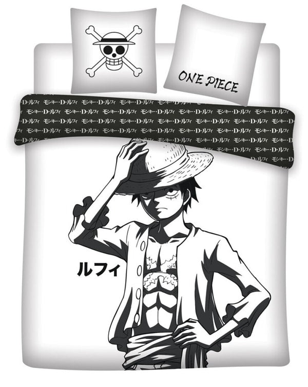 One Piece - Housse de couette en microfibre Luffy noir et blanc (240x220cm + 2x 63x63cm) - flash vidéo