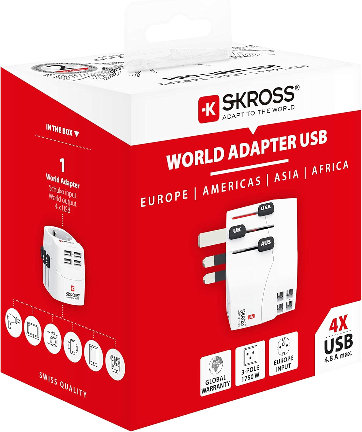 Skross - World Travel Adapter with Ground Plugs (no Swiss & Italy) + 4 USB SLOT 2400 mA White