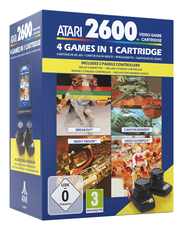 Atari 2600 - 4 Games in 1 Cartridge & CX30+ Paddle Controllers Bundle