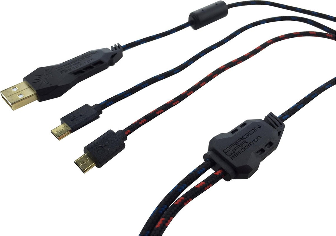 Dragonwar Dual Turbo Charging Cable - Charge 2 appareils, Micro USD, USB Plaqué OR, 4m pour PC, manettes, smartphones, tablettes et autres