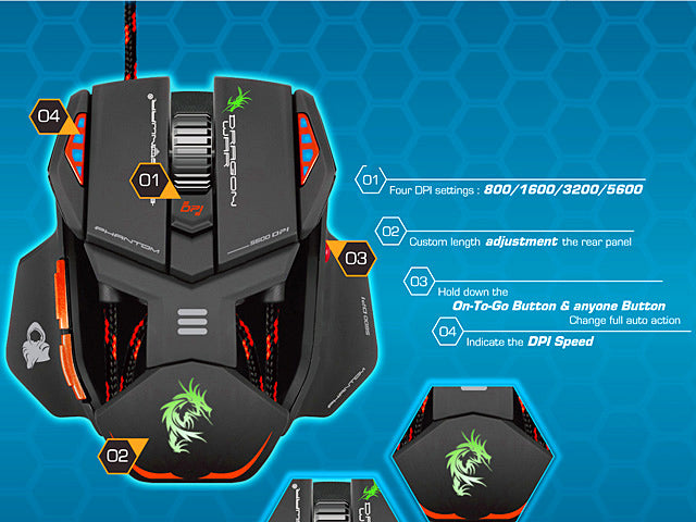 Dragonwar G4.1 Phantom 9500 DPI ergonomique et personnalisable Souris de jeu RGB à 7 boutons - défilement et tapis de souris XL gratuit - à deux mains. Rouge.