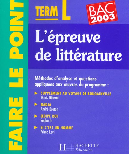 L'epreuve de litterature ;  terminale l ; edition 2002