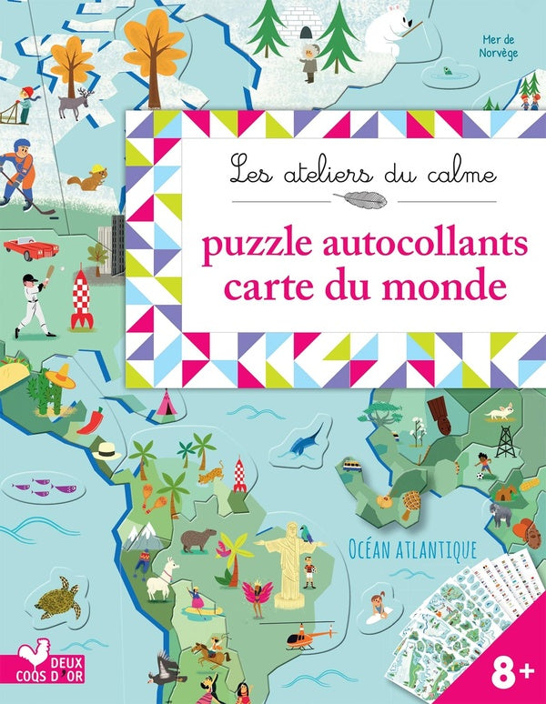 Les ateliers du calme : autocollants puzzles carte du monde ; pochette avec accessoires