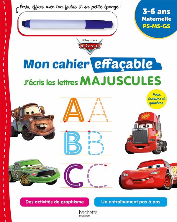 Cars ; mon cahier effaçable ; j'écris les lettres majuscules ; PS-MS-GS