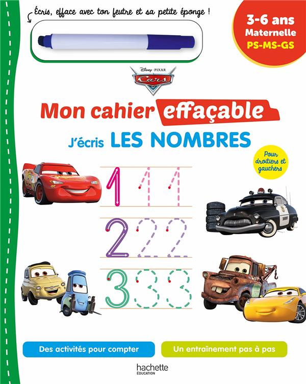 Cars ; mon cahier effaçable ; j'écris les nombres ; PS-MS-GS