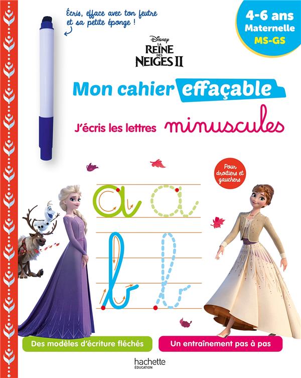 La Reine des Neiges 2 ; mon cahier effaçable ; j'écris les lettres minuscules