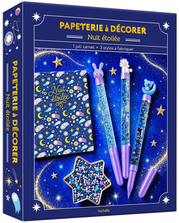 Papeterie à décorer : Nuit étoilée ; 1 joli carnet, 3 stylos à fabriquer