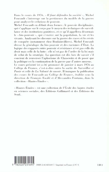 Il faut défendre la société ; cours au Collège de France, 1976