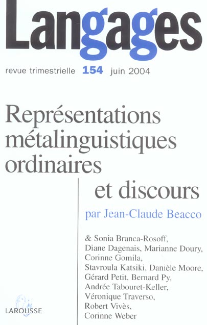 REVUE LANGAGES n.154 : REPRESENTATIONS METALINGUISTIQUES ET DISCOURS