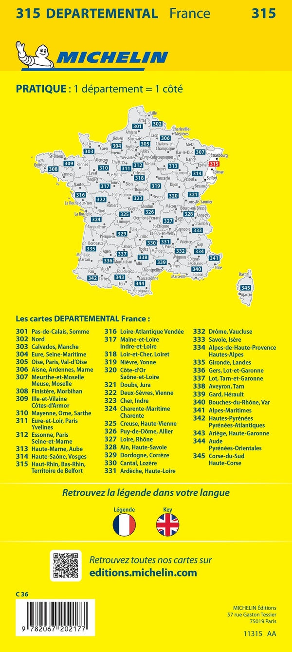 Cartes départementales n.315 : Bas-Rhin, Haut-Rhin, territoire de Belfort
