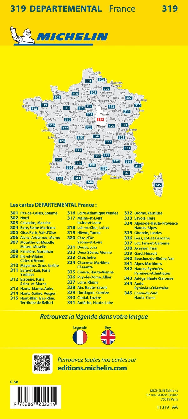 Cartes départementales n.319 : Nièvre, Yonne