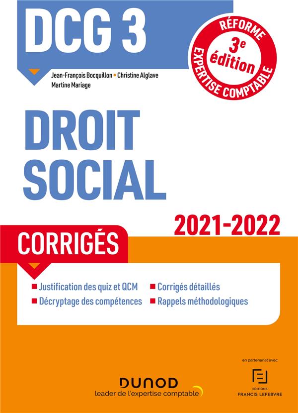 DCG 3 : droit social ; corrigés (édition 2021/2022)