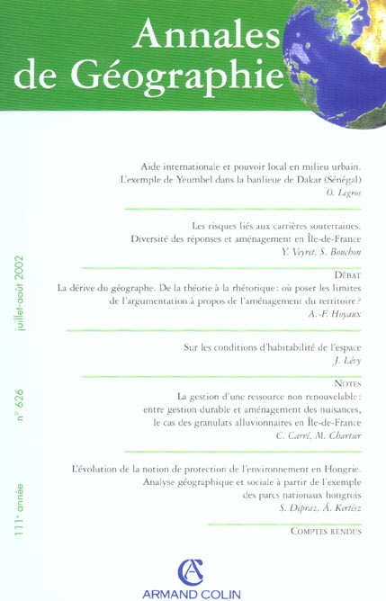 Revue Annales de géographie n.626 : aide internationale et pouvoir local en milieu urbain