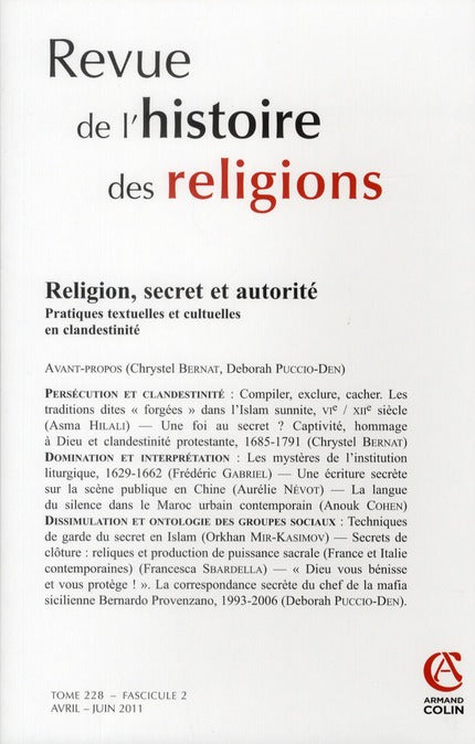 Revue de l'histoire des religions n.228/2 : religion, secret et autorité