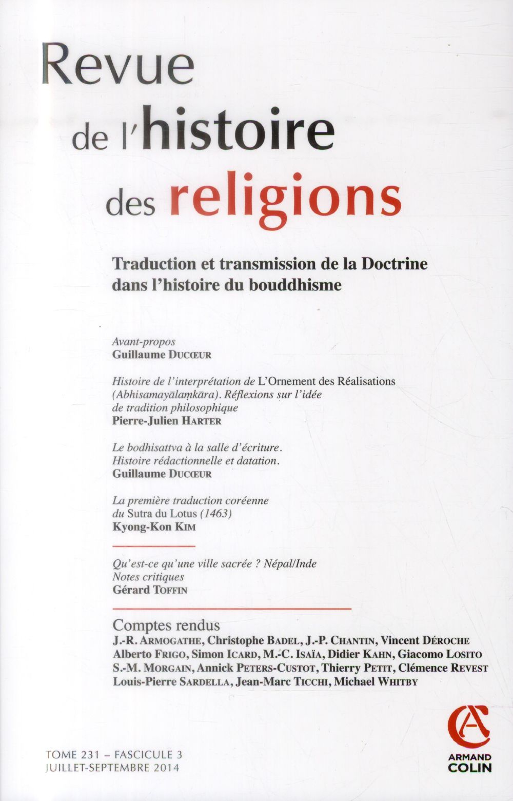 Revue de l'histoire des religions n.231/3 : traduction et transmission de la Doctrine dans l'histoire du boudhisme