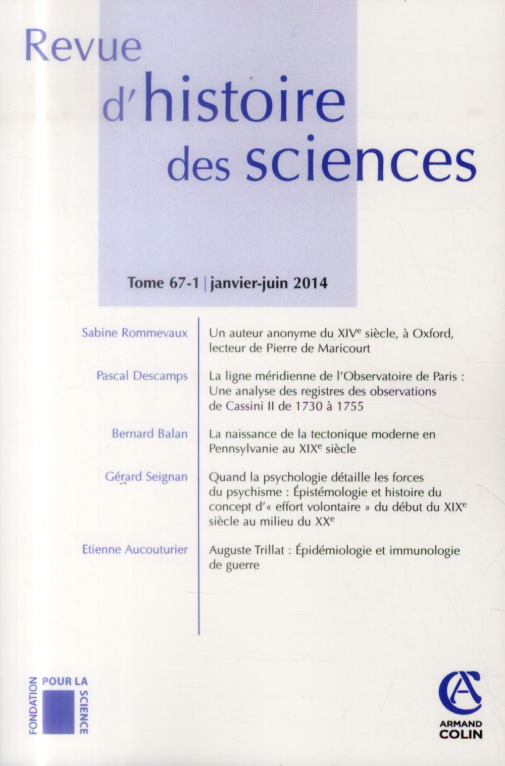 Revue d'histoire des sciences n 1-2014