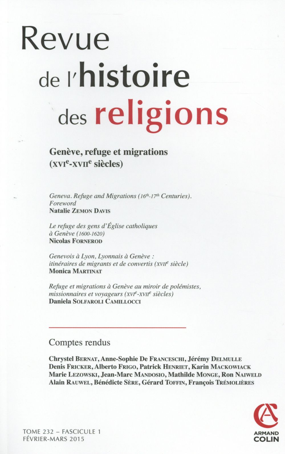 Revue de l'histoire des religions n.232/1 : Genève, refuge et migrations (XVIe-XVIIe siècles)