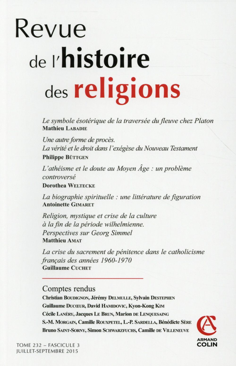 Revue de l'histoire des religions Tome 232 ; juillet-septembre 2015