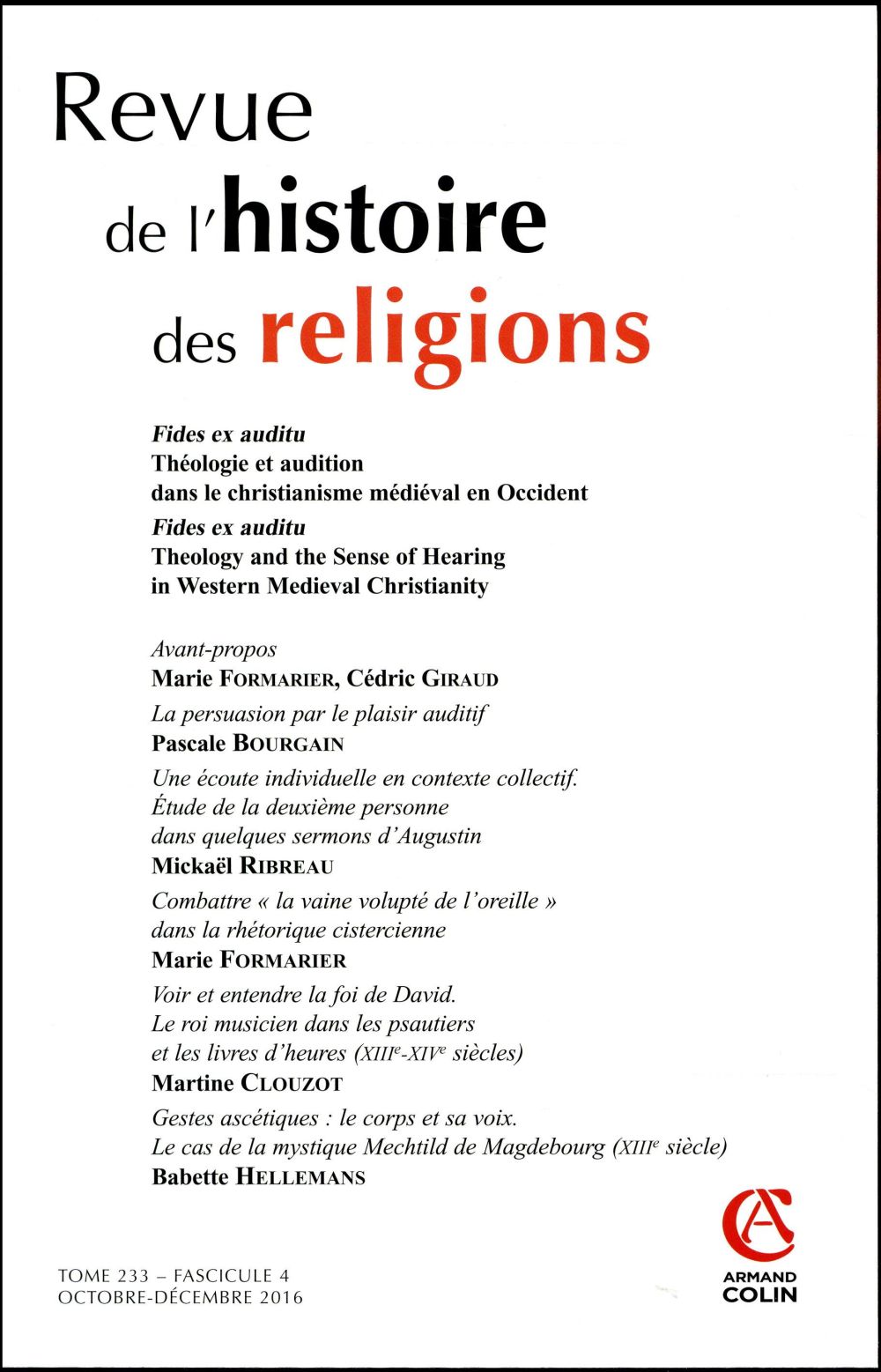 Revue de l'histoire des religions : 4/2016