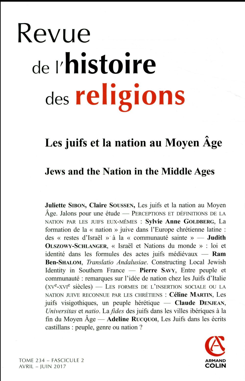 Revue de l'histoire des religions n.2/2017 : les juifs et la nation au Moyen Age