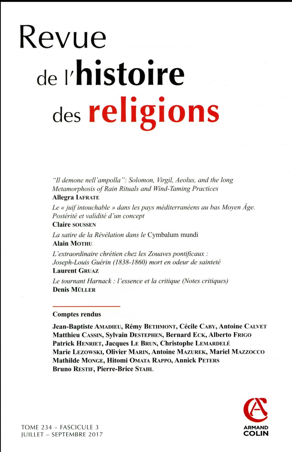 Revue de l'histoire des religions  (3/2017) varia