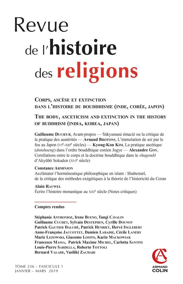 Revue de l'histoire des religions : 1/2019 ; corps, ascèse et extinction dans l'histoire du bouddhisme